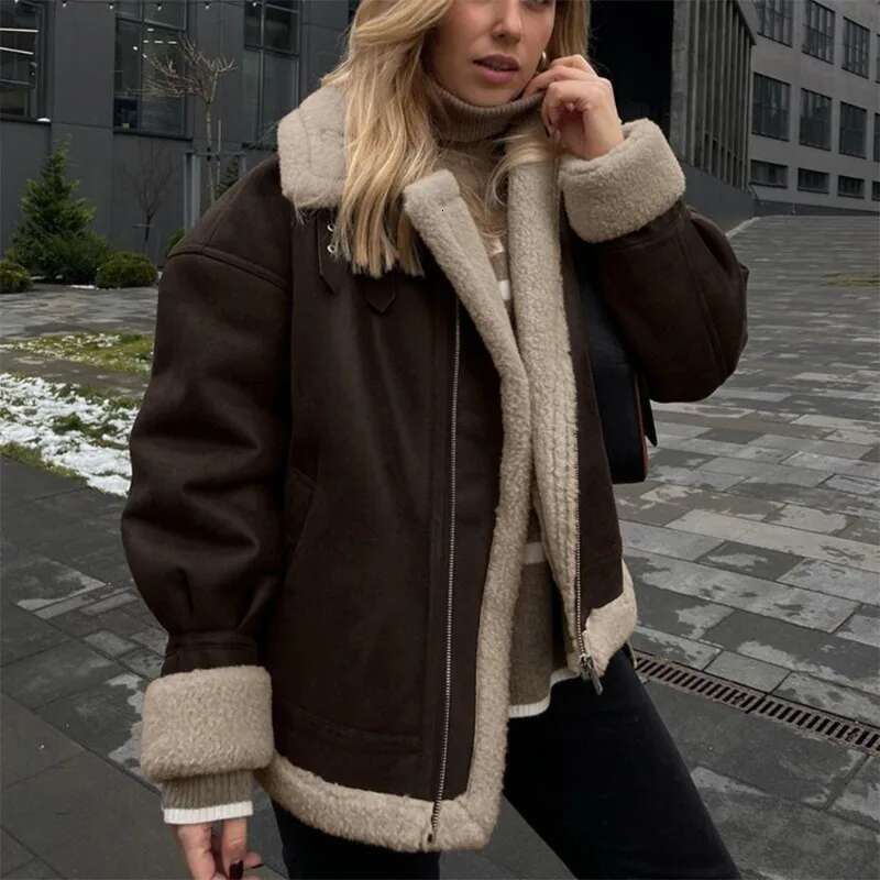 Talenza Brown Retro Thick Women's Casual Lapel Long Sleeve Button Suede Autumn Winter Female Street Warm Jacket