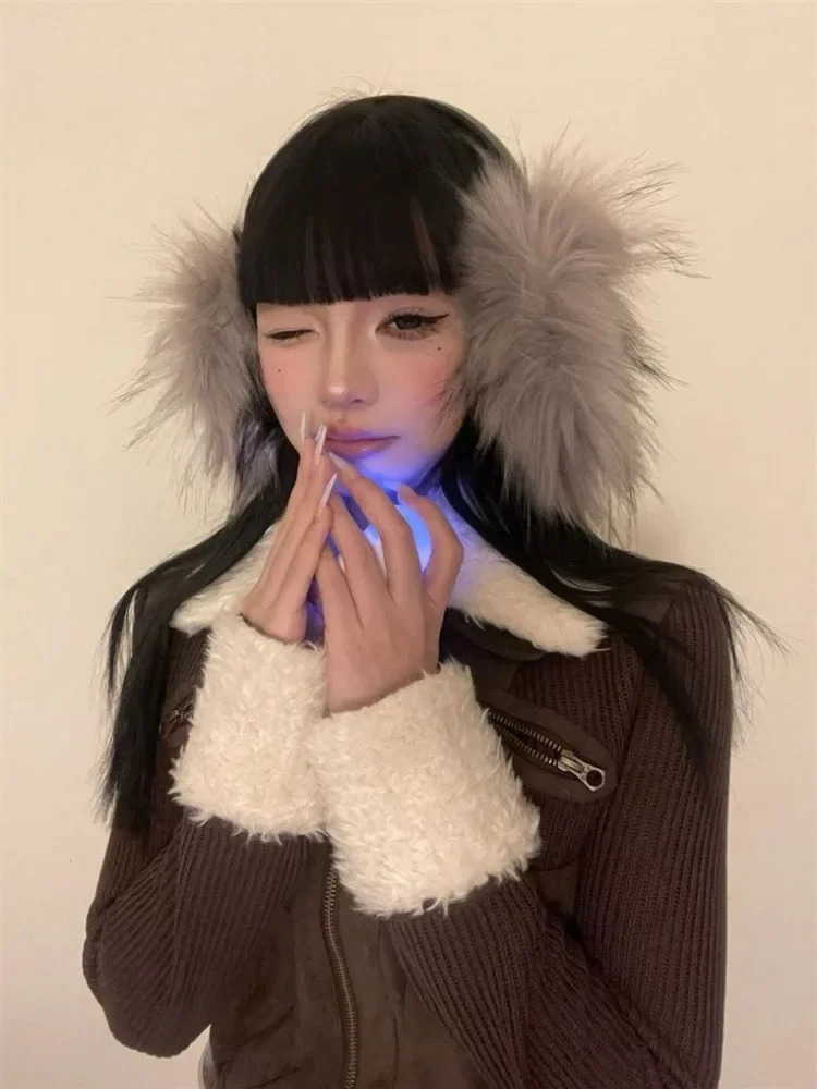 Japanese Y2k fur coat womens retro brown knitted jacket retro Korean zipper winter 2000s aesthetics 241107