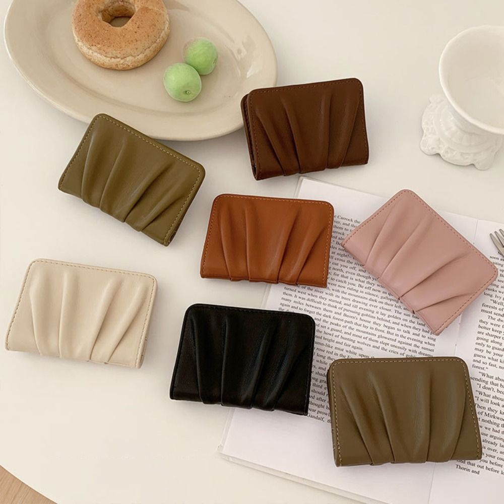 New Wrinkled Card Bag Anti Thief Solid Color Card Case Ultrathin PU Leather Short Purse Woman