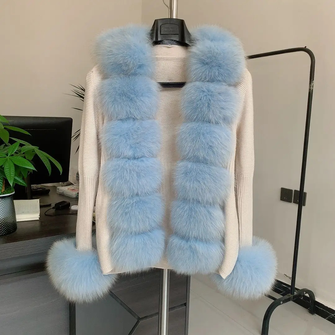Womens spring and autumn sweater cardigan with fox fur collar fox fur leather jacket natural fox fur leather jacket 241107