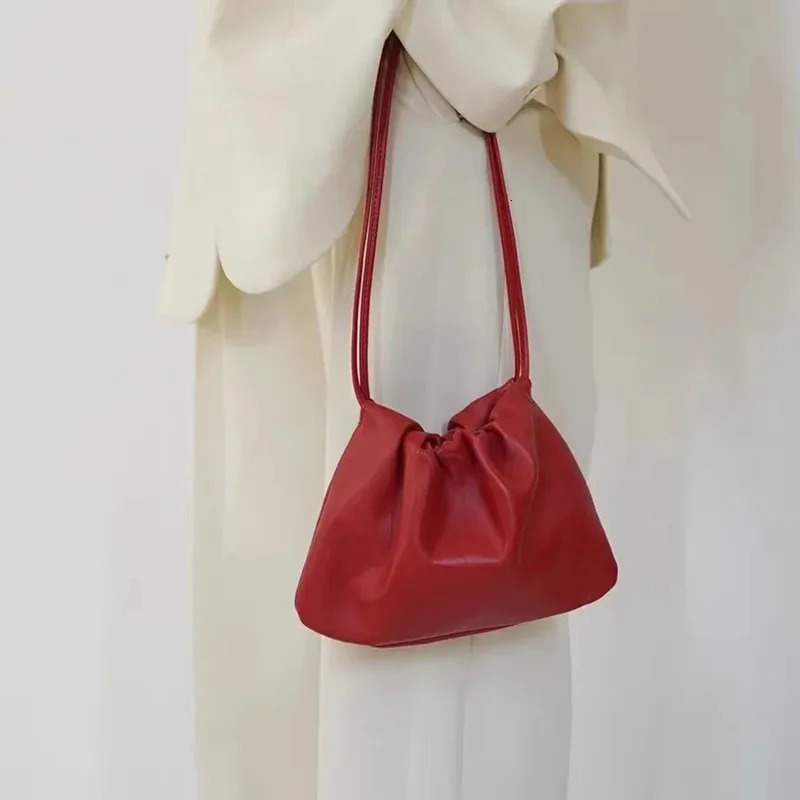 Fashionable red soft leather shoulder cross body bag Korean pleated portable underwear bag womens 2024 lace top handbag 241107
