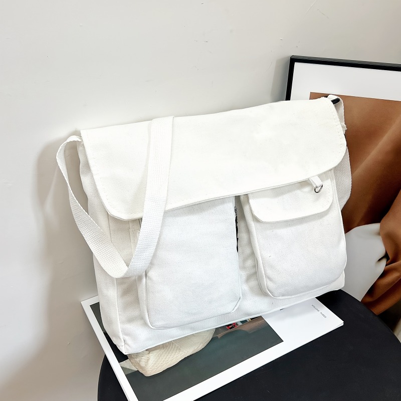Canvas Shoulder Flap Bag With Fuzzy Bear, Simple Large Capacity Hand Tote Bag, Buckle Satchel Purse