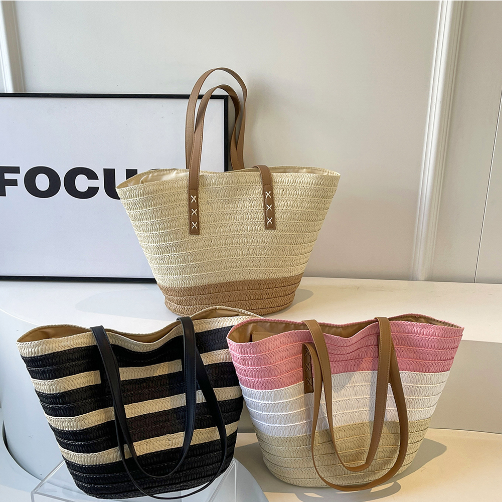 Striped Straw Beach Bag Large Woven Summer Handbag with Zipper Closure Casual Tote Bag Top Handle Bag for Women Outdoor Vacation