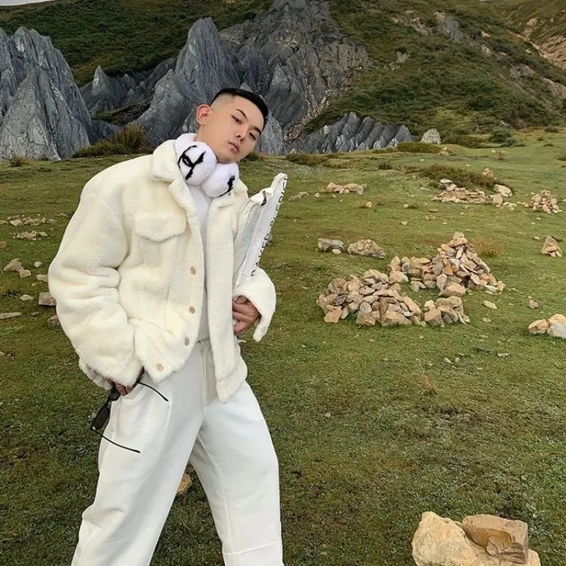 Korean fashion fur coat mens jacket trend square collar chic mink faux fur coat jacket hip-hop party clothing 241107