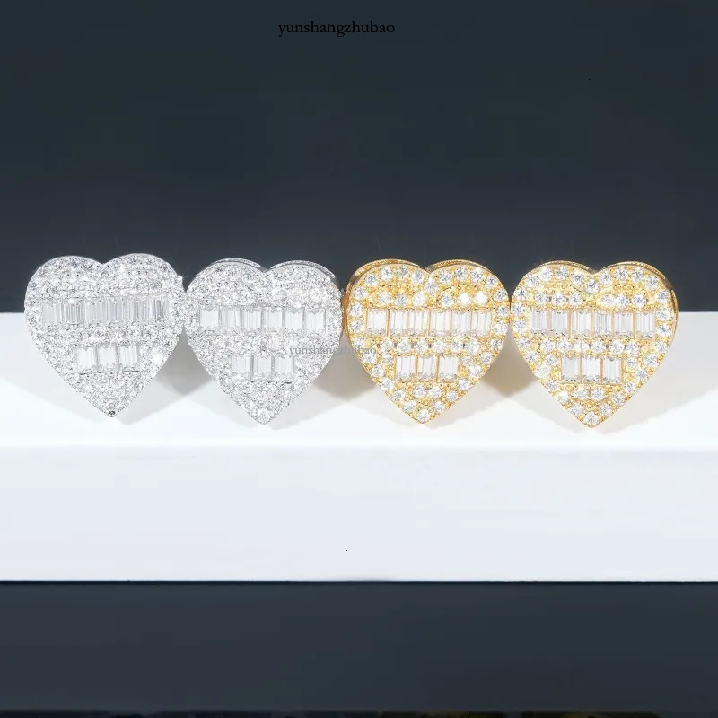 Yellow White Gold Plated Sterg Sier VVS Baguette Moissanite Heart Earrings Studs Nice Gift for Men Women