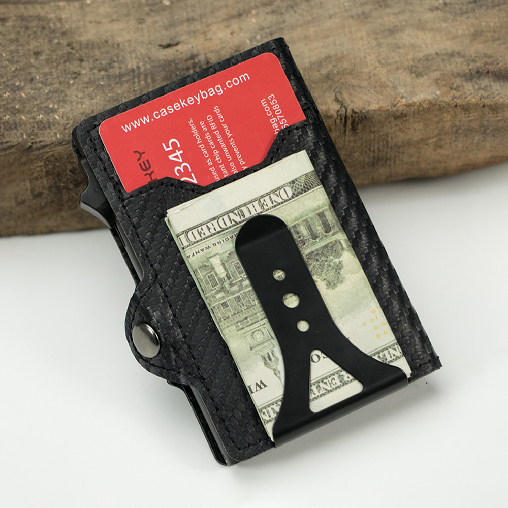 Casekey PU Carbon Fiber Leather Minimalist Wallet RFID Safe Auto-eject Metal Aluminum Pop Up Card Holder for Best Christmas Gift