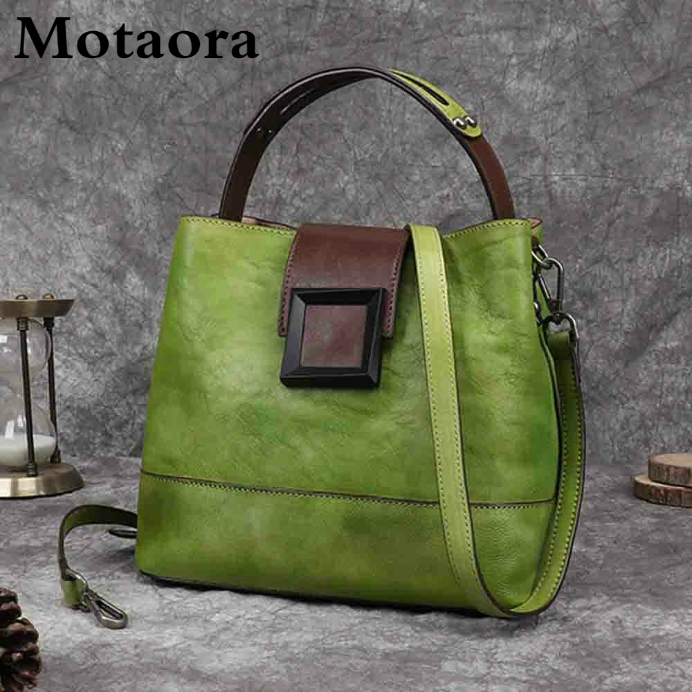 Motaora Women's Bag Retro Genuine Leather Shoulder Bags Handmade Women Bucket Bag First Layer Cowhide Top-handle Bags For Female