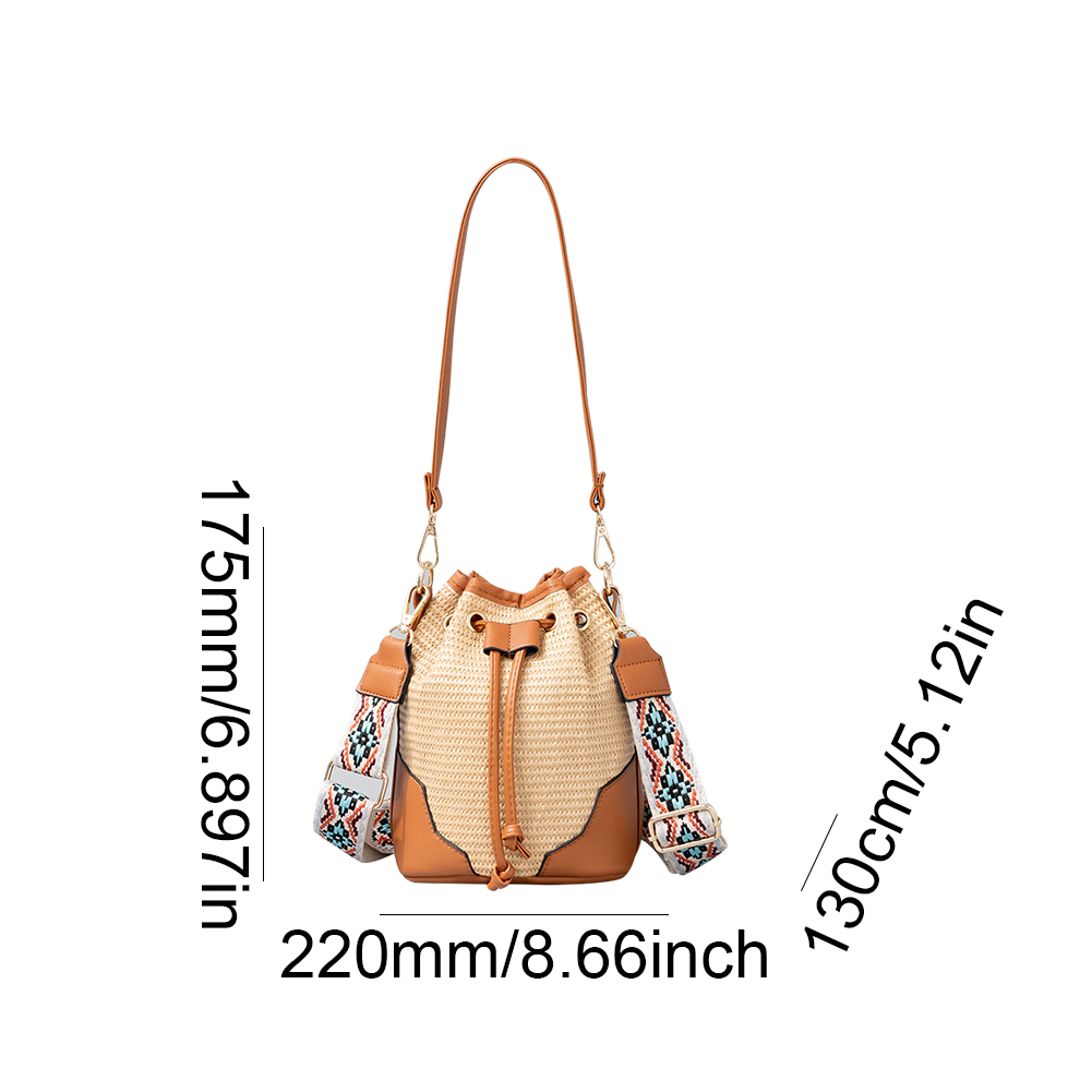 Women Trendy Messenger Bag Drawstring Straw Woven Bucket Bag Handmade Satchel Bag Large Capacity Bohemian for Outdoor Travel