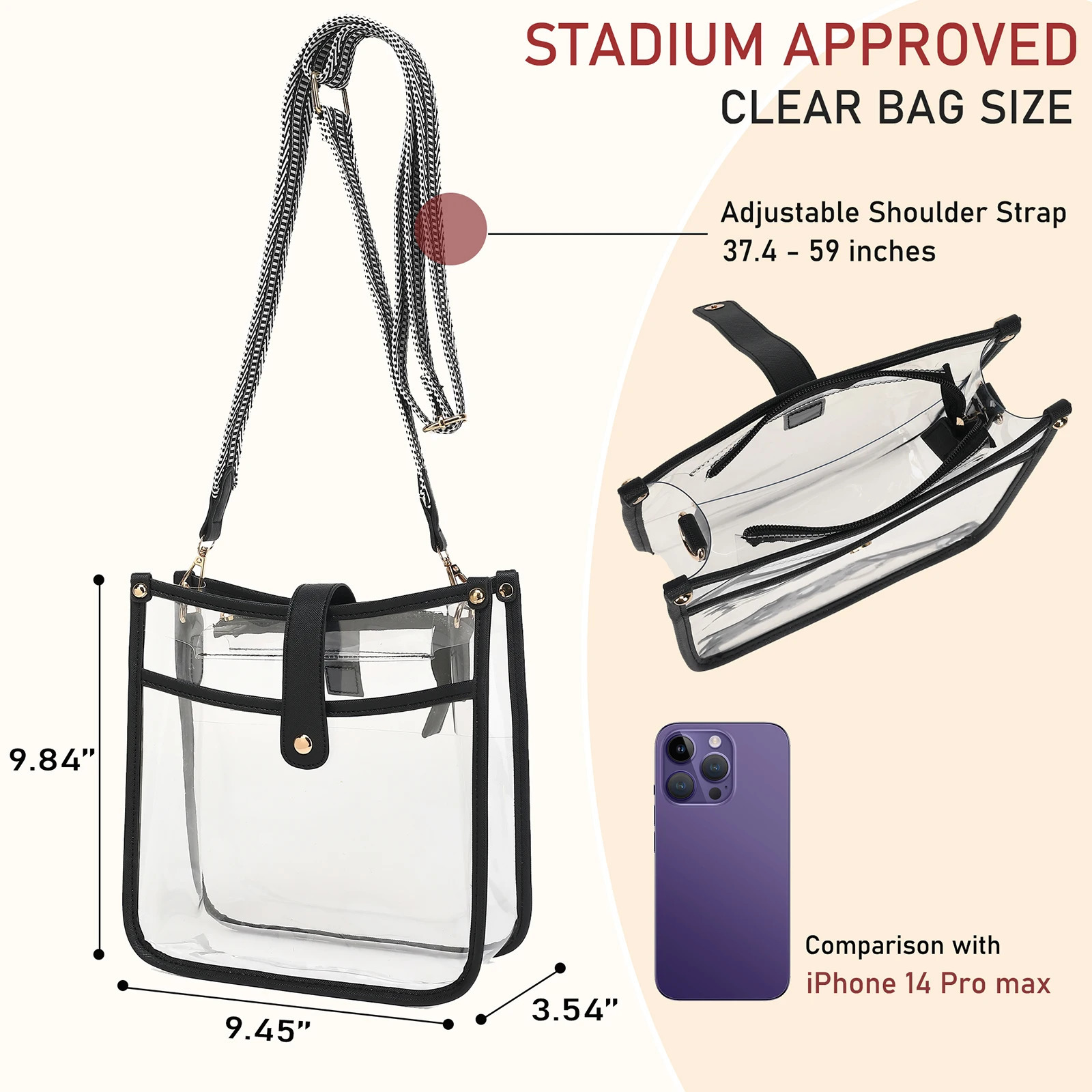 Fashion transparent cross body bag sports stadium certification bag letter making bag womens transparent bag with adjustable guitar strap 241107