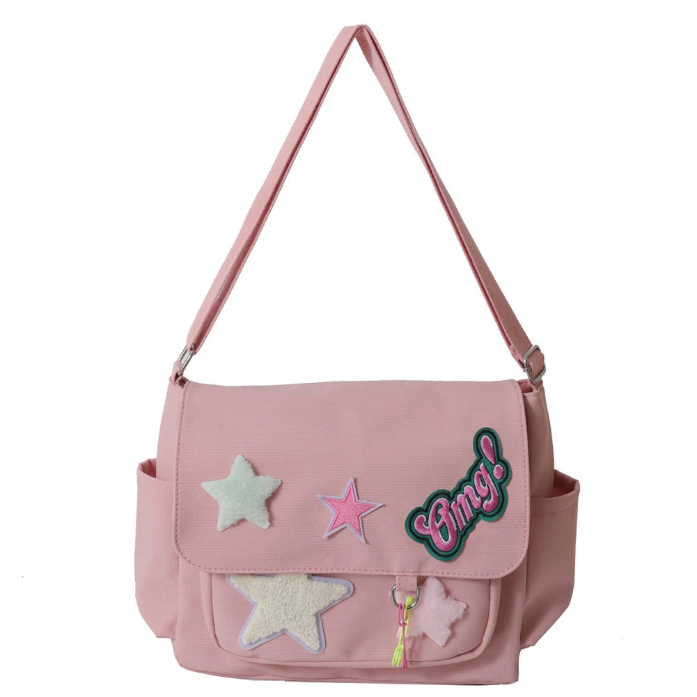 Women Cute Messenger Bag Large Capacity Canvas Lovely Shoulder Star Letter Applique Candy Color Leisure Travel Outdoor w241106