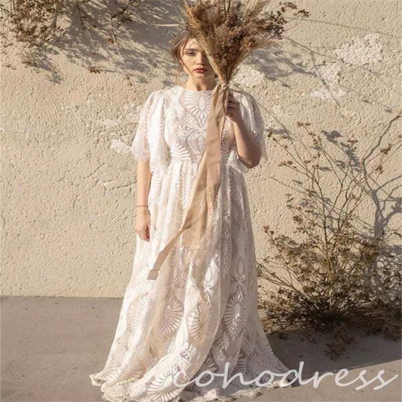 Full Lace Celtic Wedding Dresses Fairy Short Sleeves Boho Civil Bridal Gowns Elegant Open Back Bohemian Bride Dress Elvish Robe De Mariage Gelinlik 20