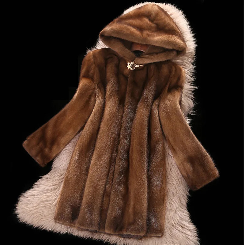S-6XL size fashionable womens jacket brown faux mink fur medium long womens winter jacket outdoor sports warm leisure long park 241107