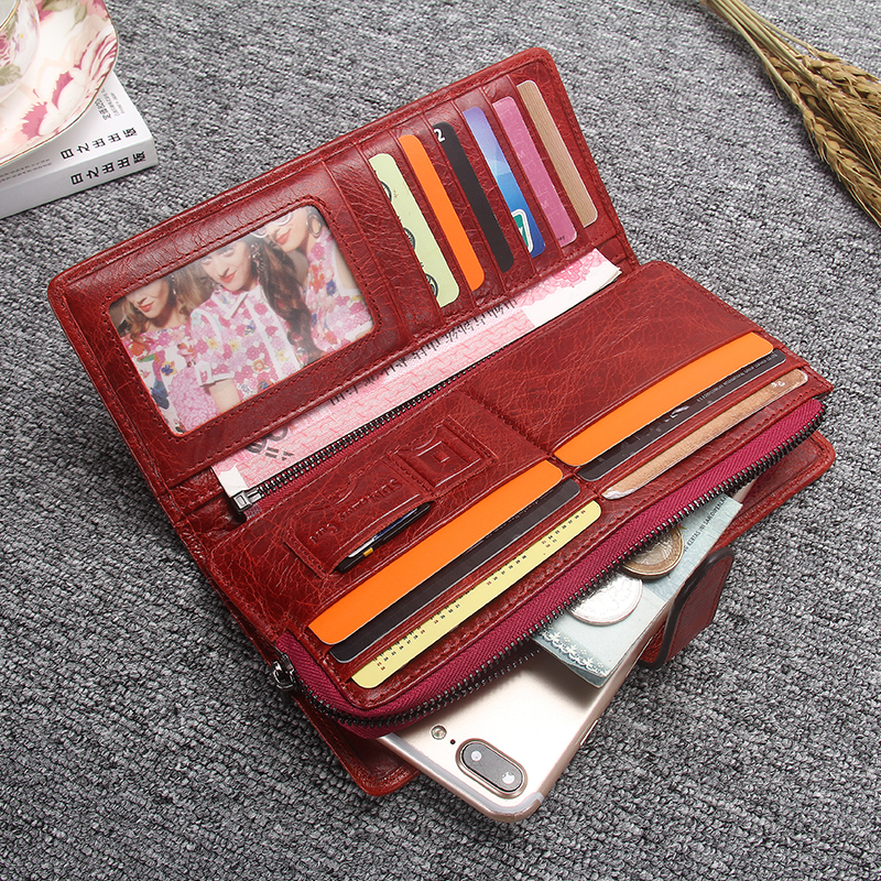 Contact'S Genuine Leather Women Wallets Female Cell Phone bag Pocket Long Women Purse Hasp Lady Coin Purse Card Holder