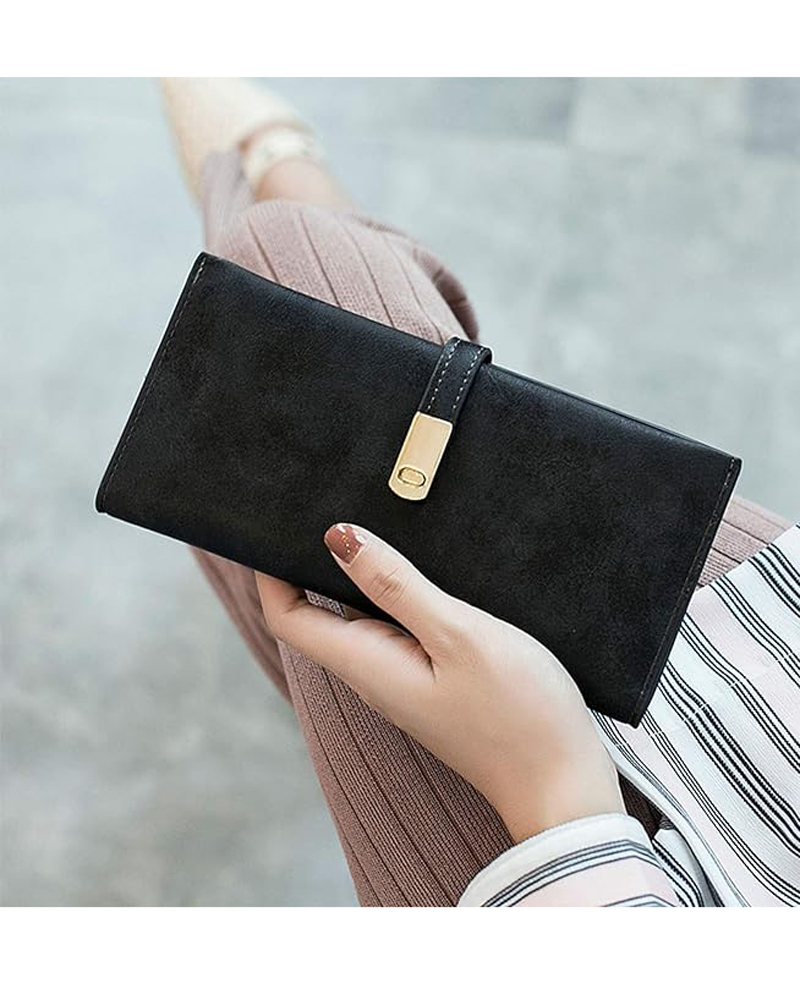 Women's ultra-thin wallet. Retro frosted 100% leather wallet with magnetic buckle closure, long double fold wallet