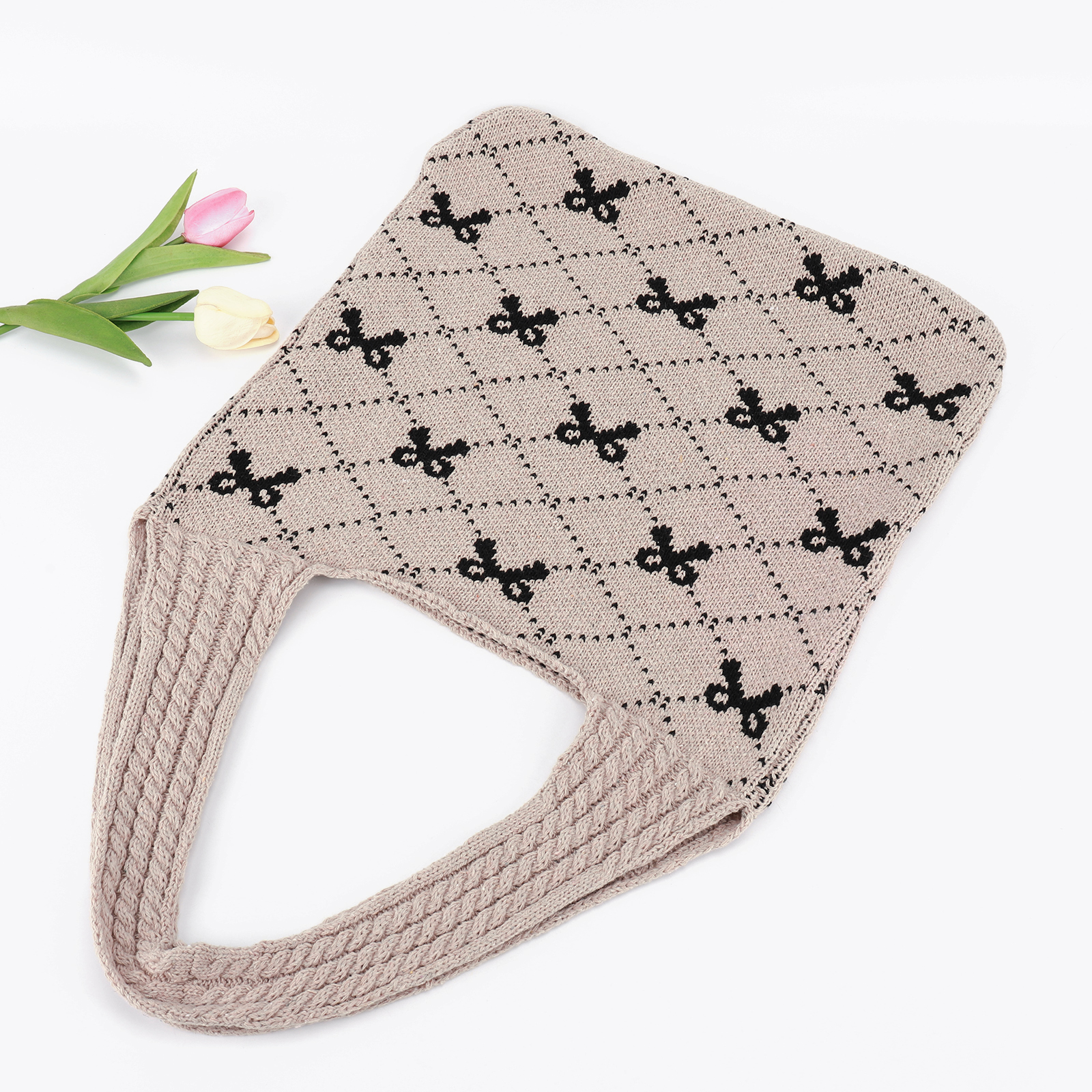 Women Crochet Tote Handbag Bow Printed Knitting Shoulder Bag Large Capacity Travel Shopping Handbag Ladies Daily Handbag