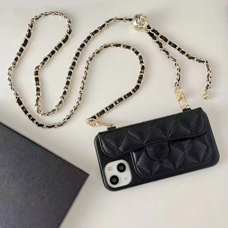 Crossbody Designer Phone Case for Apple iPhone 17 16 15 14 13 12 11 Luxury Diamond Leather Chains Card Holder Strap Velvet Lining Hard Shell Back Cover Coque Funda Black