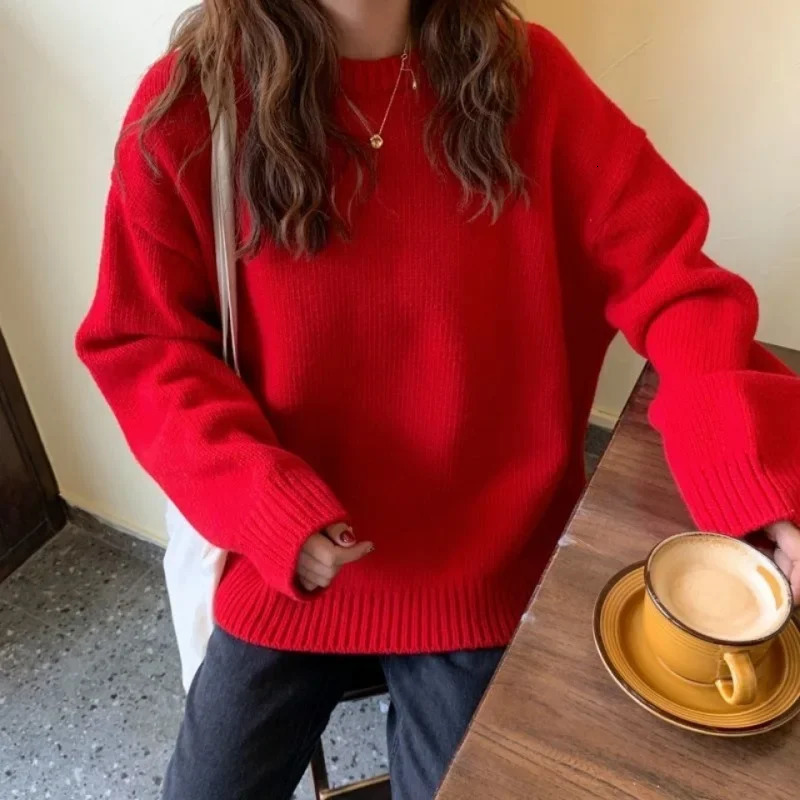 Arrival AutumnWinter Korean Style Versatile Loose-Fit Pullover Sweater Stylish Christmas Red Top For Womens Outerwear 241107