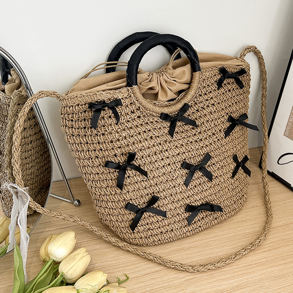 Women Summer Beach Bag Large Capacity Bow Straw Woven Tote Bag Female Elegant Top-Handle Bags Drawstring Handmade Knitted Purse