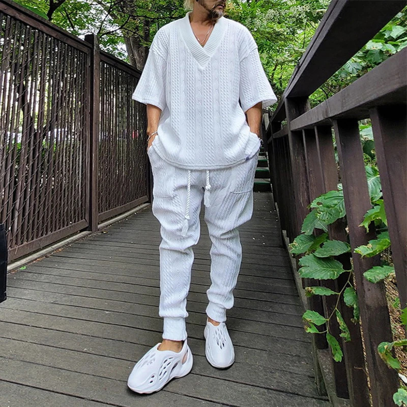 Vintage Knitted Two Piece Mens Set Fashion Loose Solid Short Sleeve V Neck Sweater Tops And Pants Men Suits Casual Knit Outfits 240401