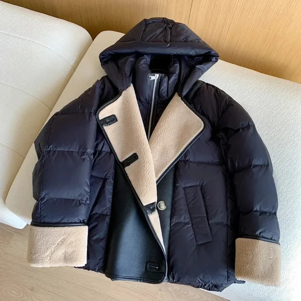 White Duck Down Jacket Winter Women Loose Stand Collar Hooded Inflatable Jacket Women Cashmere PU Leather Park Coat 241107