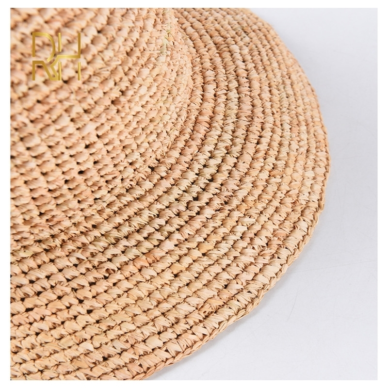 Handmade Ladies Crochet Natural Raffia Straw Bucket Hat For Spring Summer Beach Floppy fisherman Caps y240320