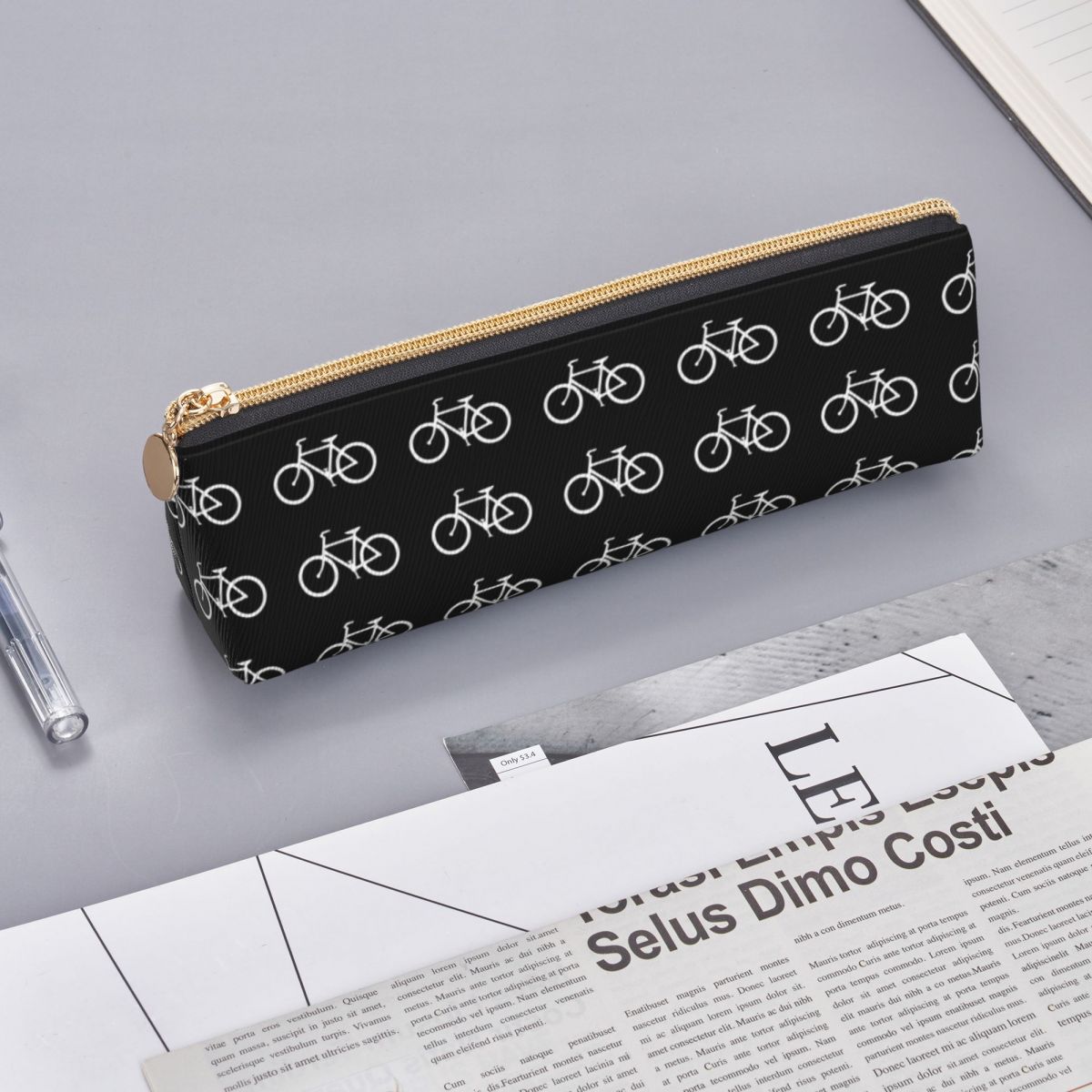 White Bicycles Leather Pencil Case Vintage Bikes Back to School Boy Girl Pencil Box Vintage Large Capacity Triangle Pen Pouch