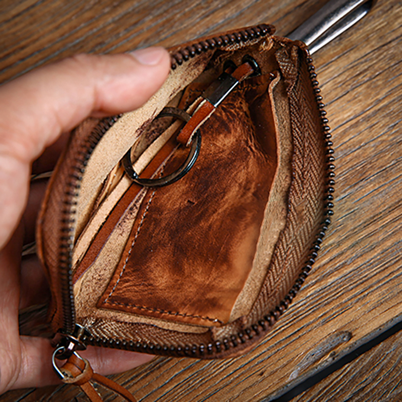 ROOG Men's Genuine Leather Home Car Key Bag Vintage Key Chain Luxury Cowhide Coin Purse Women's Zipper Mini Wallet Card Holder