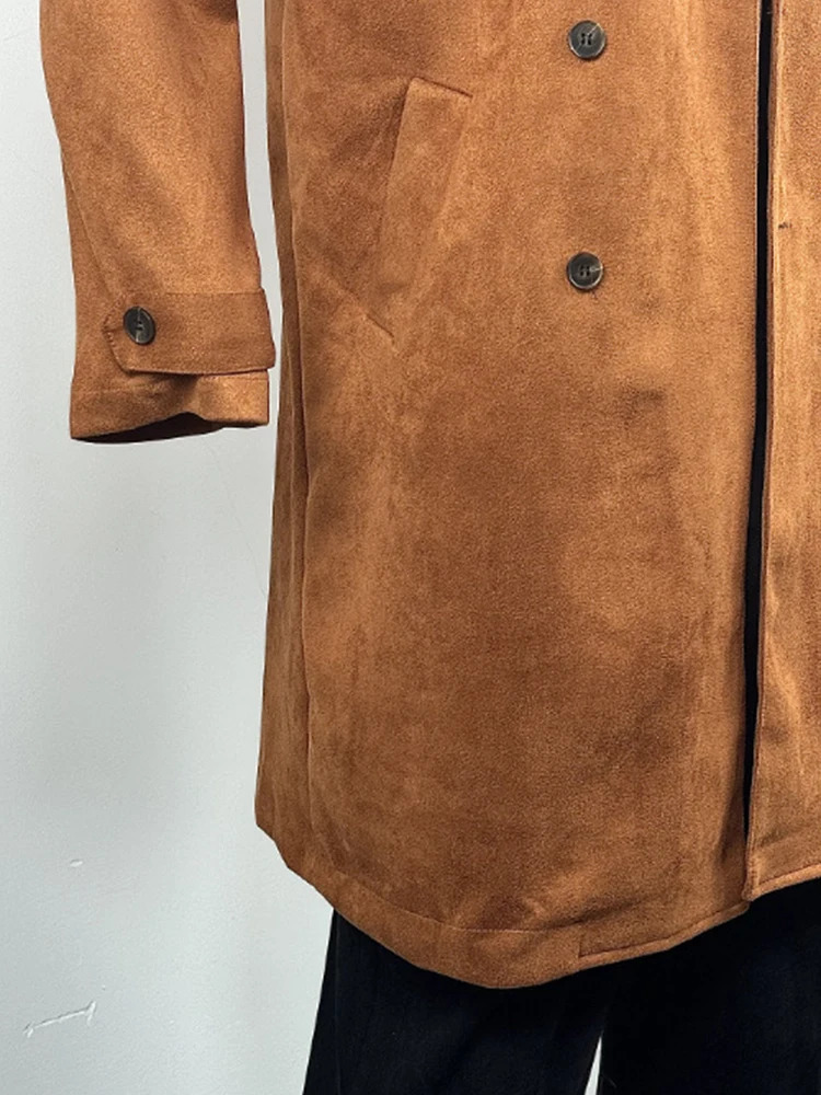 2024 Outdoor Male Double Breasted Suede Jackets Winter Fashion Notch Collar Straight Long Coats Mens Casual Long Sleeve Outwear 241107