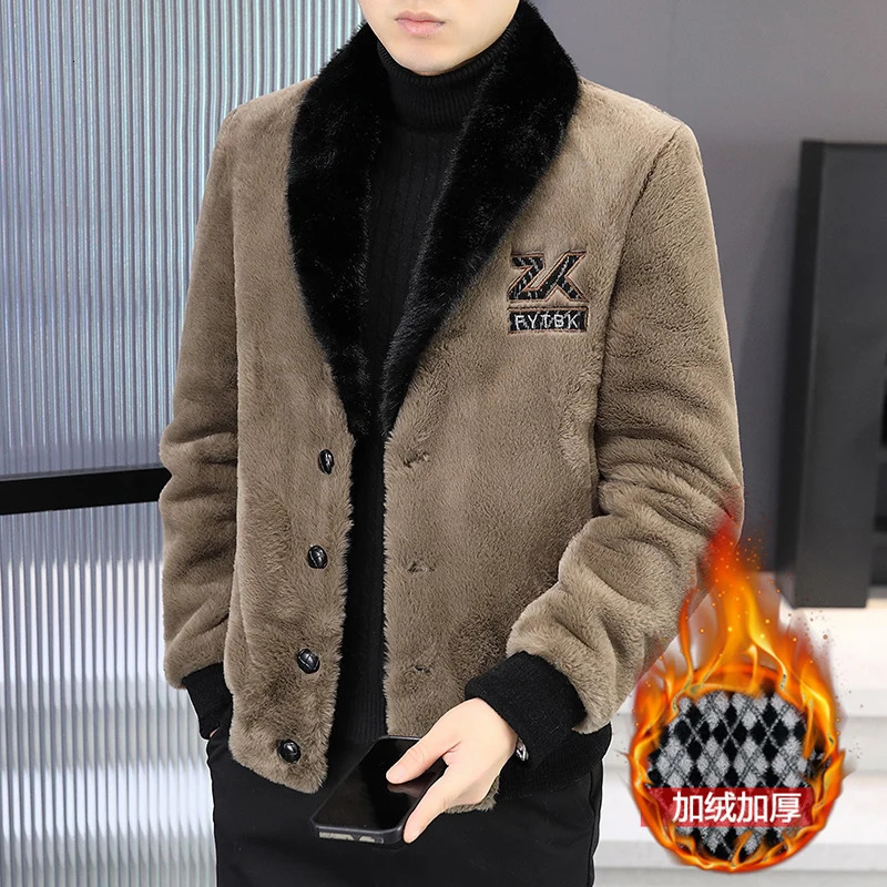 Simulated mink fur integrated leather wool jacket winter thick and warm short sleeved coat casual business social windproof 241107