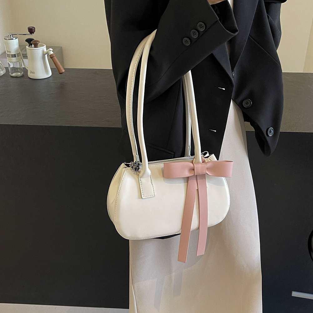 Women Leisure Armpit Handbag with Bow Fashion Shoulder Purse Contrast Color Travel Underarm Handbag Girls Outdoor Daily Bag