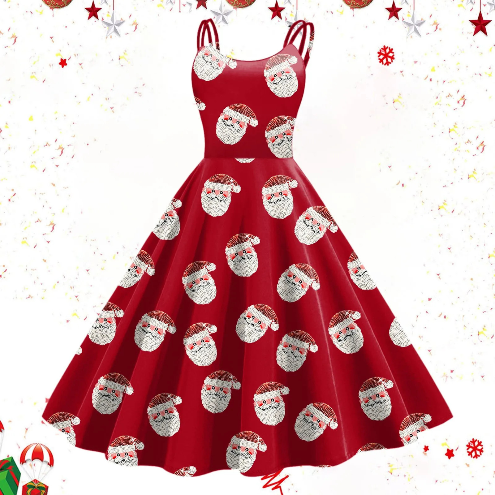 Women Christmas Sleeveless Long Dresses Retro A Line Flared Swing Prom Dress High Waist Santa Claus Print Dresses For Women Xmas 241107