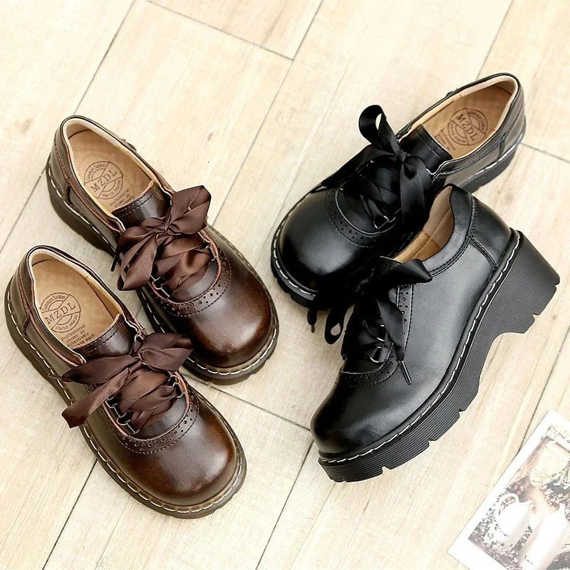 Womens Ribbon Lace Oxford Shoes Genuine Split Leather Brogues Retro Womens Apartment Zapatos De Mujer 241106