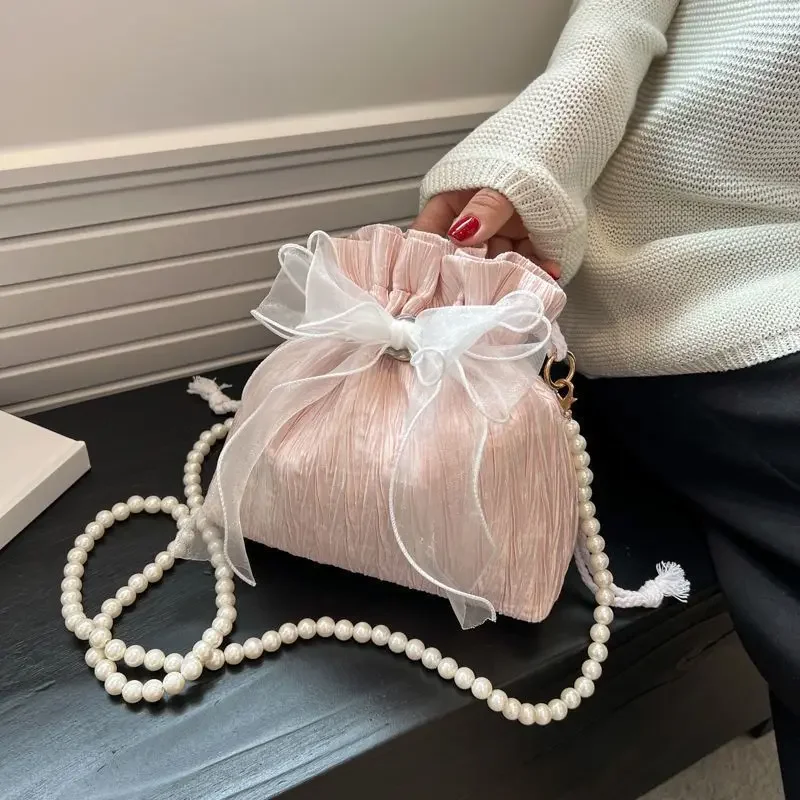 Lace Bow Bucket Crossbody Bags for Women Fashion Sweet Pearl Beading Pouch Ins Ladies Shoulder Handbags All-match Fairy Simple