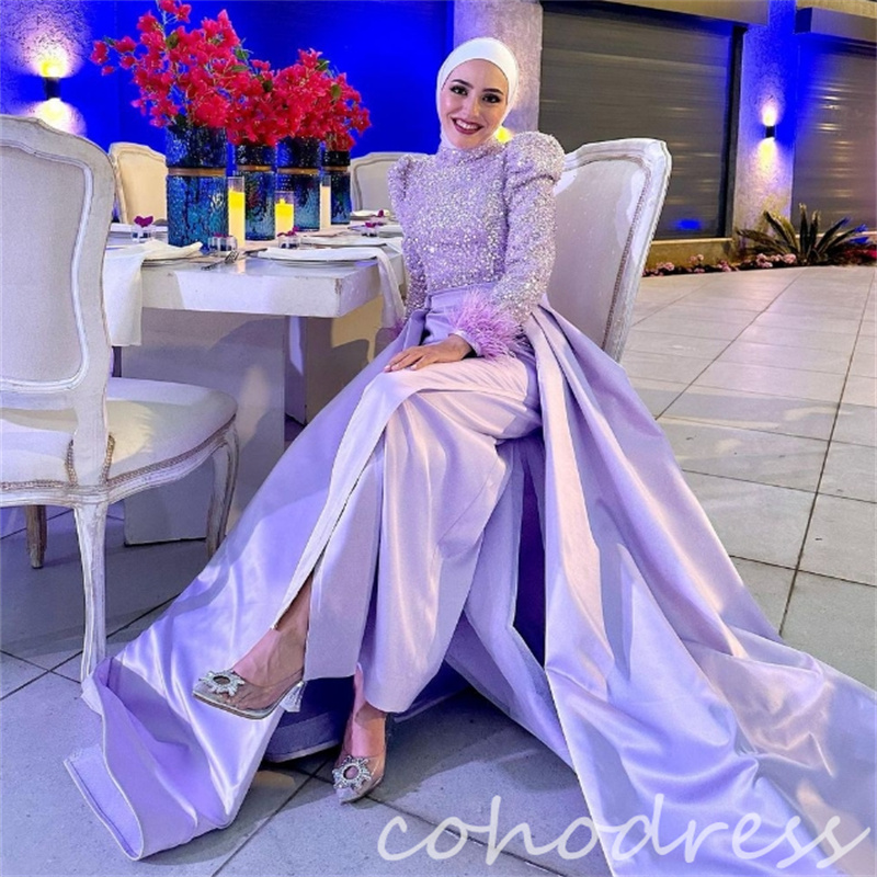 Sparkly Lilac Muslim Evening Dresses With Overskirt Glitter Sequin Long Sleeve Feather Prom Dress Islamic Abaya Dubai Brithday Dress Formal Occasion V