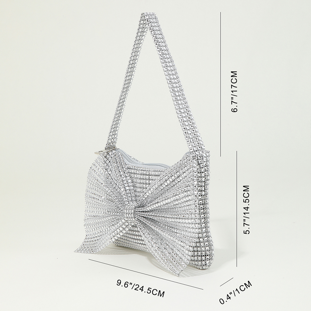 Women Elegant Shoulder Bag Solid Color Rhinestone Evening Armpit Bag Zipper Closure for Dinner Party Wedding