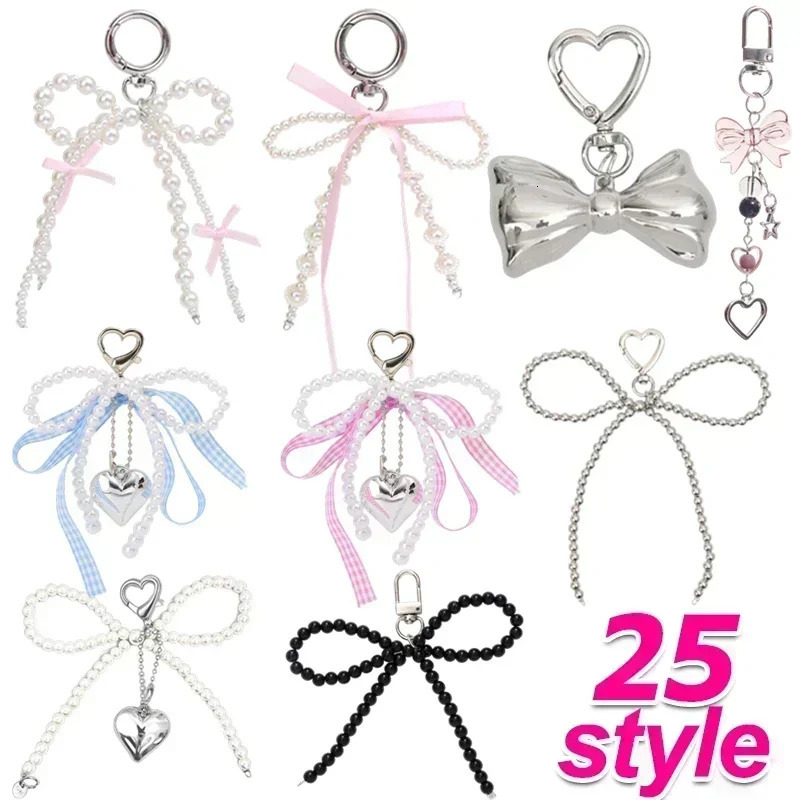 2024 Korean Sweet Pearl Bow Keychain Heart Pendant Keychain Y2K Fashion Keyholder Girls Bag Pendant Accessories 241107