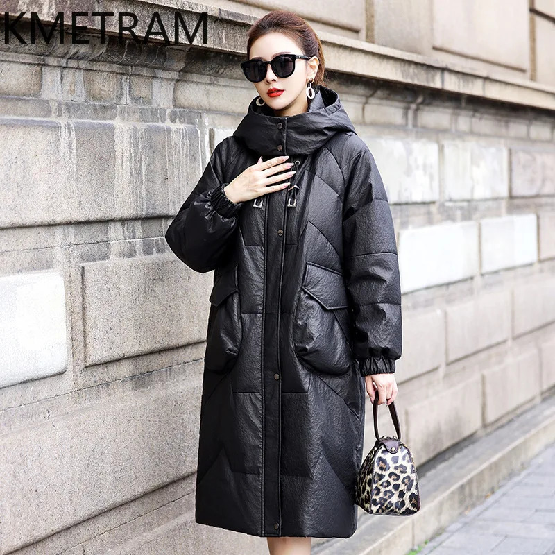 100% Sheepskin Genuine Leather Inflatable Jacket Womens Clothing Long Coat with Hoodie Winter Loose Jacket 241107