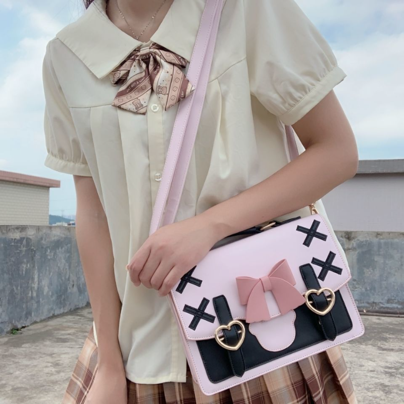 Japanese Lolita Bow Heart Handbags Korean All Match Kawaii Crossbody Jk Bag 2024 New Ins Sweet Shoulder Women Y2k Aesthetic