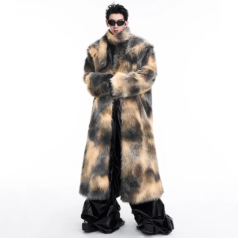 FEWQ mens faux fur long coat autumn and winter mink cardigan long sleeved scarf mens top 24E5164 241107