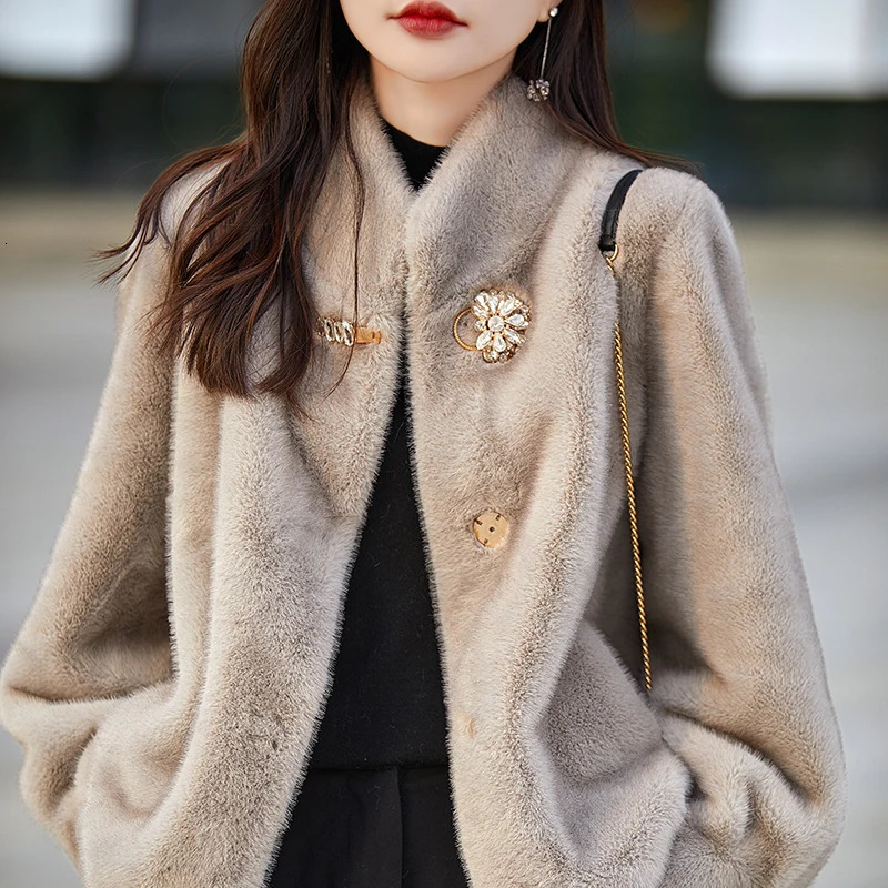 RONGNI fur coat winter womens jacket s mink fur stand collar short casual womens top 241107