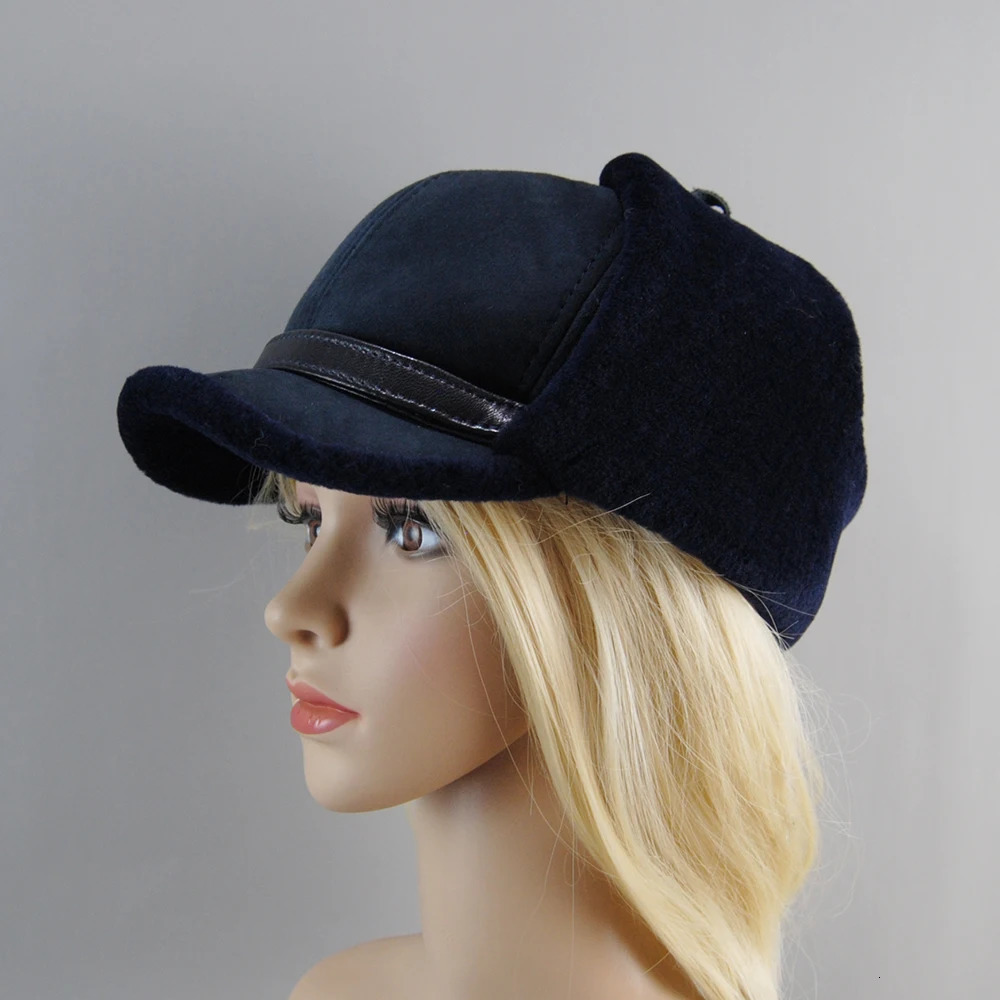 High quality winter leather hat mens fur cashmere warm thick earrings bomber hat mens baseball hat 241106