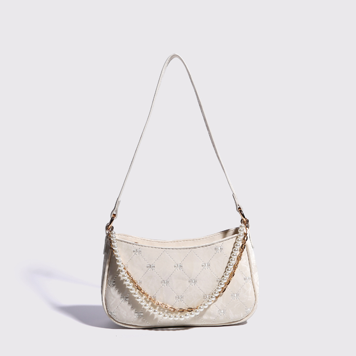Women's New Bag Pink Pearl Metal Double Chain Underarm Handbag White Commuter Bags