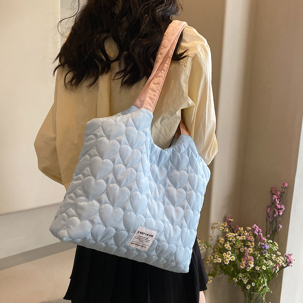 Contrast Color Heart Satchel Purse Quilted Fashion Handbag Large Capacity Casual Shoulder Purse Underarm Bag for Women and Girls