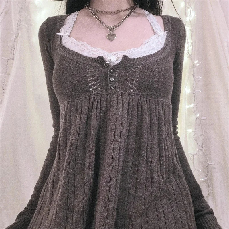 Women Vintage Solid Sweater Top Long Sleeve Button Front Knitted doll Top 00S Retro Y2K Fairy Grunge Aesthetic Knitwear 241107