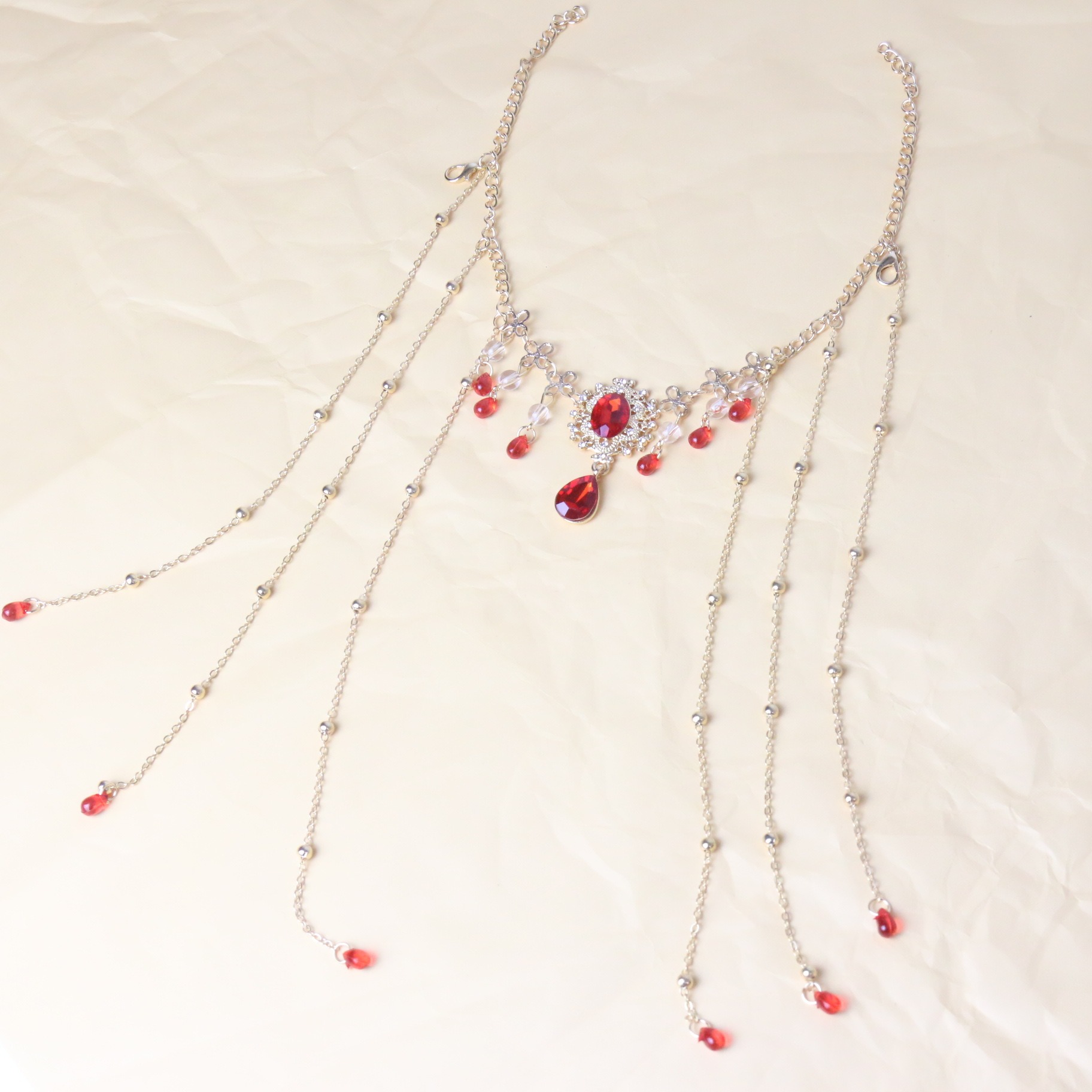 Exotic Style Ancient Style Hanfu Ruby Necklace Dance Retro Flower Red Water Droplet Pendant Sexy Tassel Necklace