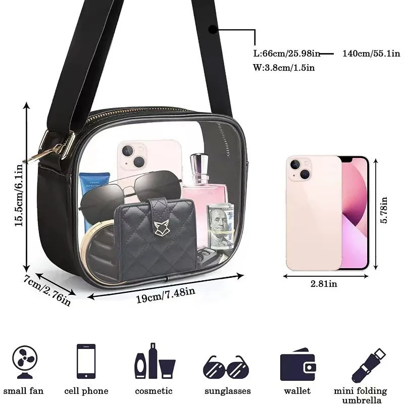 Transparent PVC cross shaped bag fashionable casual waterproof womens shoulder bag simple phone key bag square bag 241106
