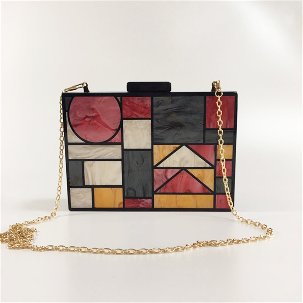 Stylish Evening Bags Luxury Geometric Wedding Vintage Acrylic Clutch Purse Party Prom Elegant Colors Contrast Patchwork Handcase