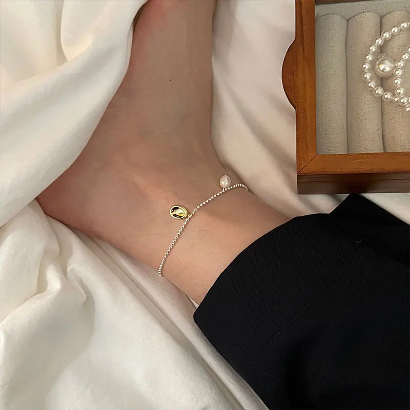 Real 925 pure silver bead necklace for women golden geometric oval charm ankle bracelet for women barefoot jewelry 241107