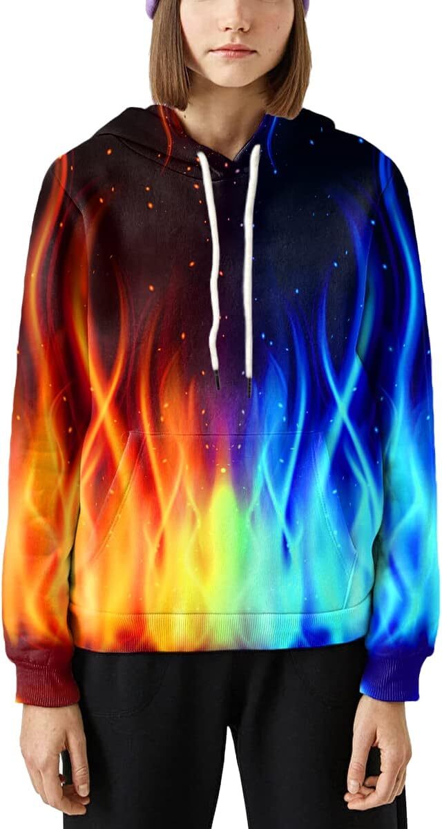 Hoodie for Mens Womens Unisex Graphic Print Hoodies 3D Colorful Novelty Design Long Sleeve Sweaters with Pocket Graphic Cool colored flame pattern
