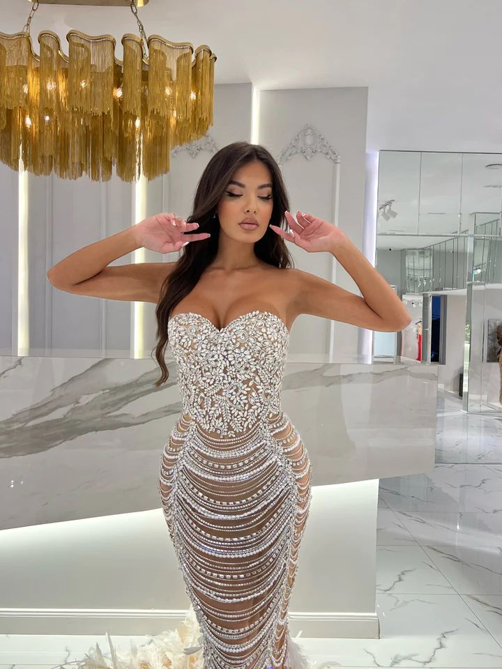 Evening Fabulous Mermaid Elegant Sweetheart Beaded Prom Dress Pearls Feathers Skirt Formal Dresses For Women Es